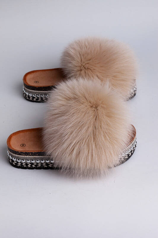 Top Fur Slides, Sandals with Pink and Beige Fur 