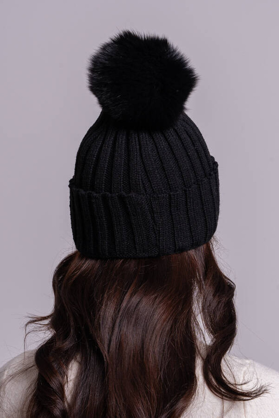 Ladies Fur pompom Ribbed Beanie Hat in black