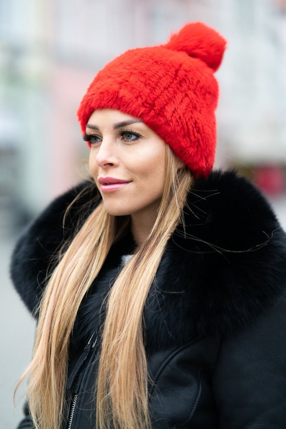 Knit Mink Beanie Hat with Fox Pom Pom in Red.