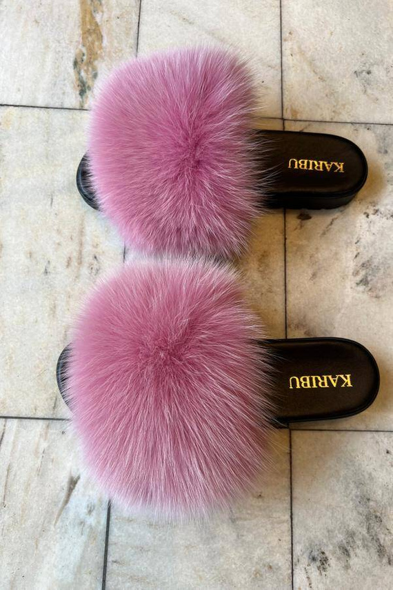 Women's Fur Slides, Sandals with Royal Blue Genuine Fur