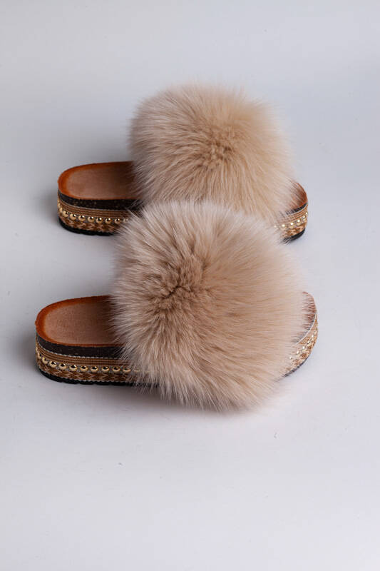 Top Fur Slides, Sandals with Pink and Beige Fur 