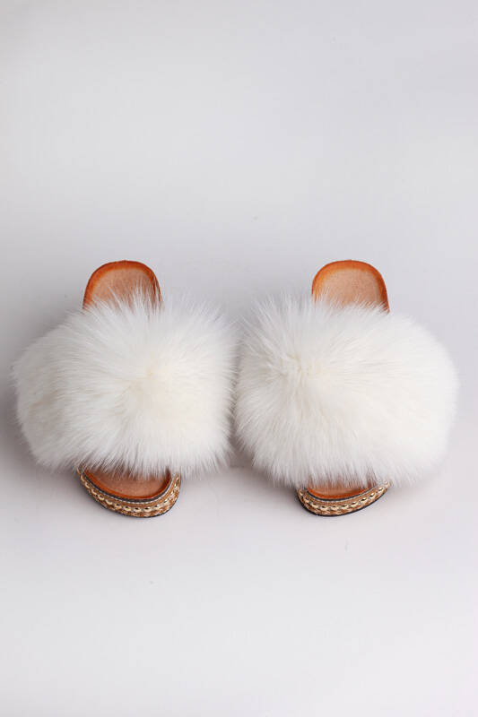 Top Fur Slides, Sandals with Pink and Beige Fur 