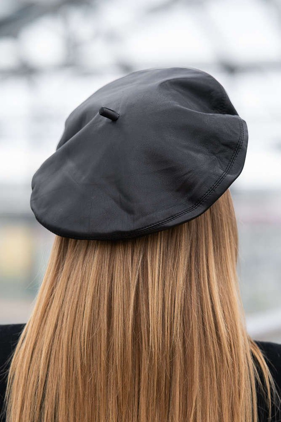 Leather Cap With Fox Fur Pom Pom.