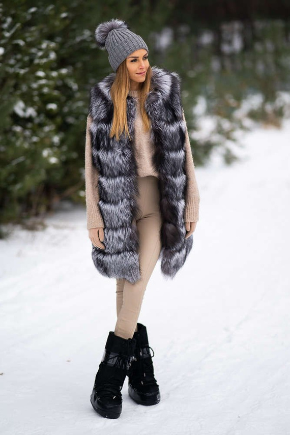 Woman’s Genuine Silver Fox Fur Waistcoat with Hood