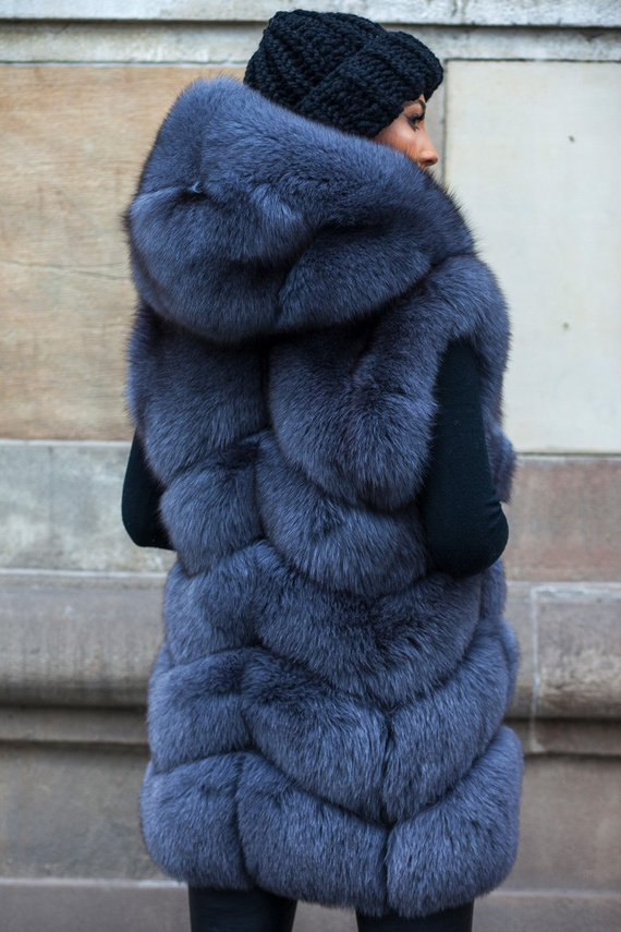 Woman’s Genuine Silver Fox Fur Waistcoat with Hood