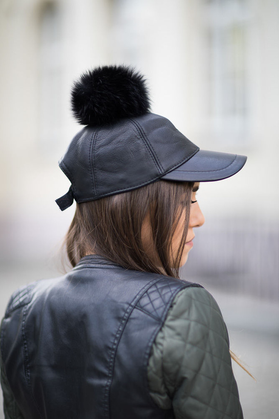 Leather Cap With Fox Fur Pom Pom 