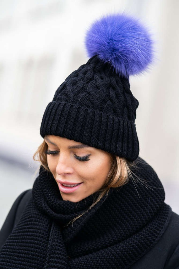  WOOL BEANIE HAT WITH GENUINE RACCOON FUR POM POM