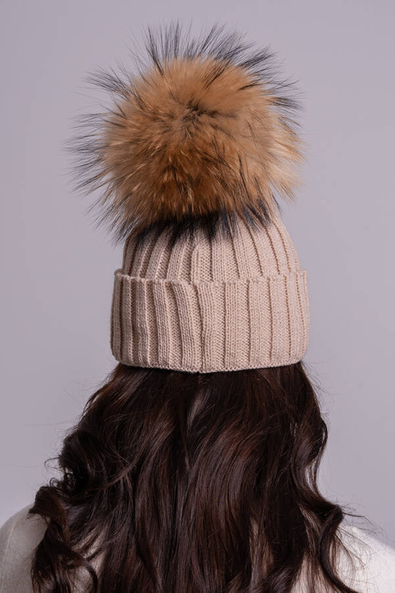  WOOL BEANIE HAT WITH GENUINE RACCOON FUR POM POM