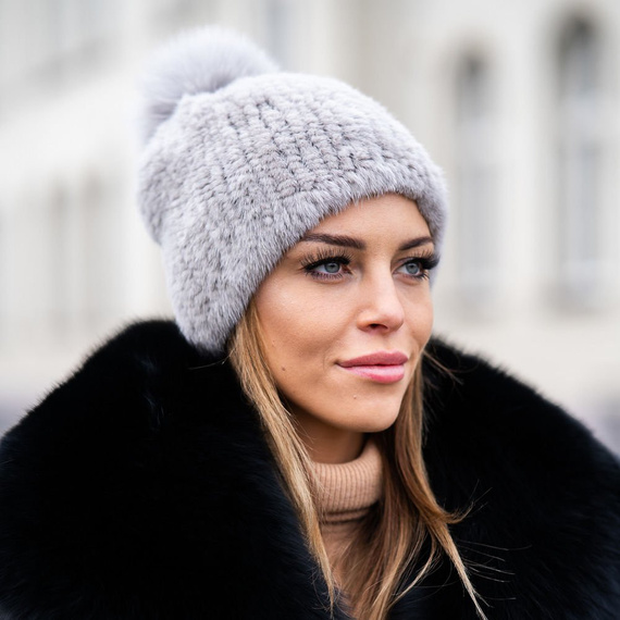 Mink Beanie Hat with Fox Fur Pom Pom in Light Grey