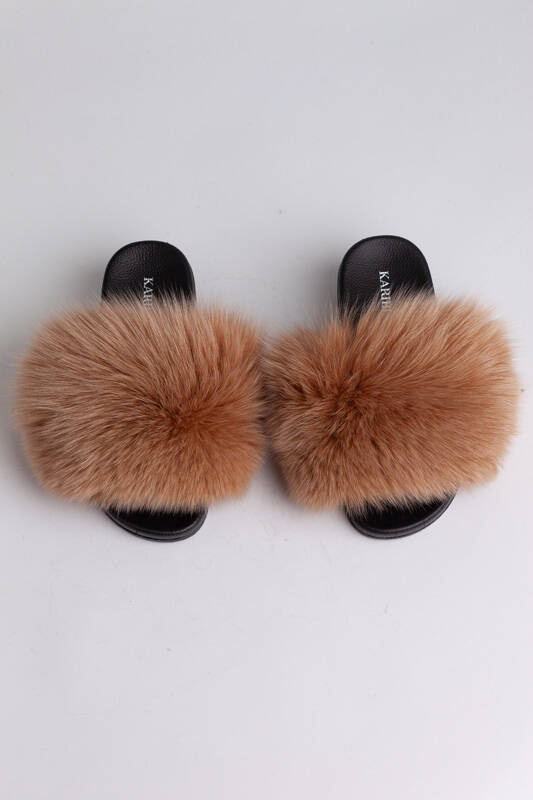 Ladies Fur Slides in Cappucino, Sandals with Genuine Fox Fur