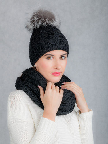 Wool hat and loop set with genuine silver fox fur pompoms 