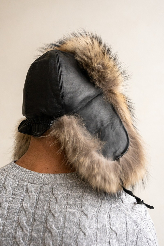 Men,s Raccoon Fur & Black Leather Trapper Hat     