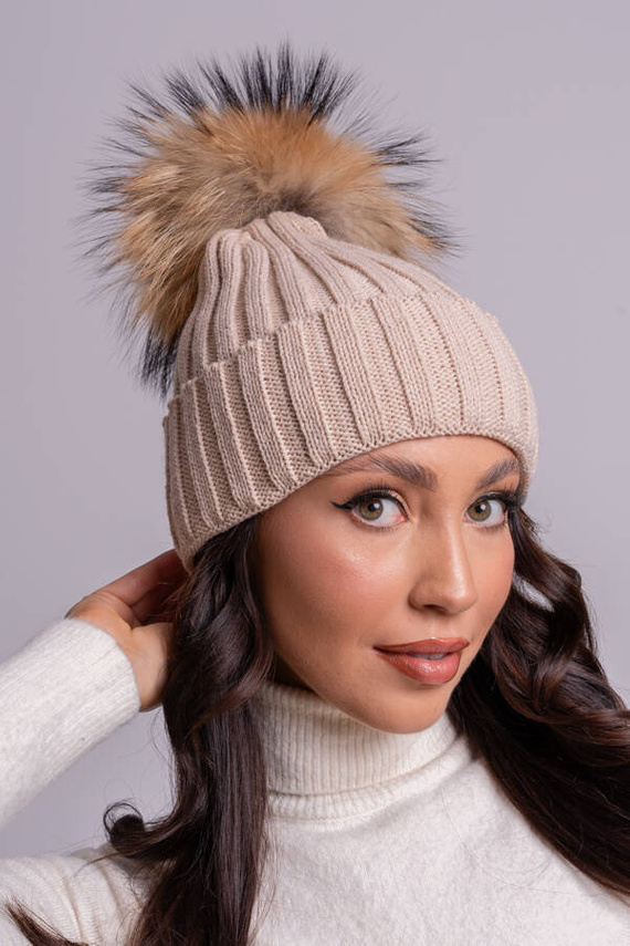  WOOL BEANIE HAT WITH GENUINE RACCOON FUR POM POM