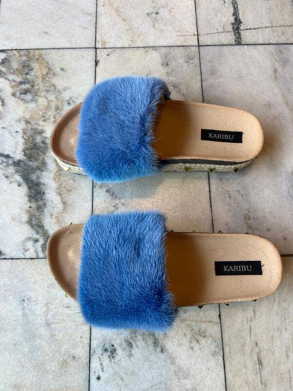 Top Fur Slides, Sandals with Pink and Beige Fur 