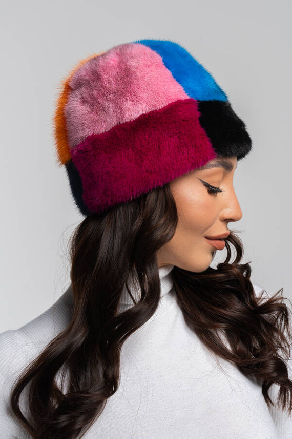 Knit Mink Beanie Hat with Fox Pom Pom in Red.