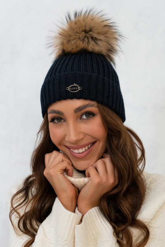 WOOL BERET WITH GENUINE RACCOON FUR POM POM