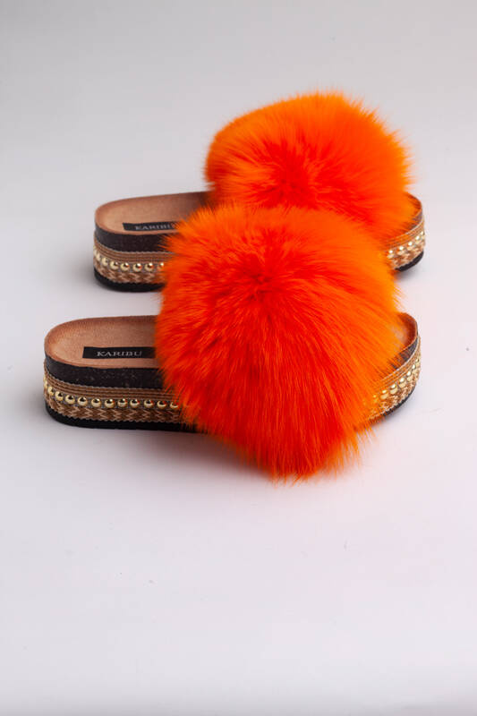 Top Fur Slides, Sandals with Pink and Beige Fur 