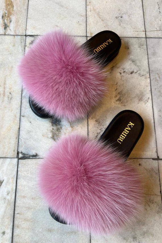 Women's Fur Slides, Sandals with Royal Blue Genuine Fur