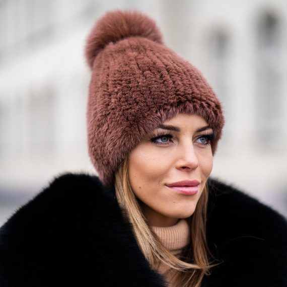 Mink Beanie Hat with Fox Fur Pom Pom in Brown