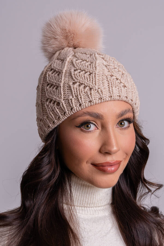  WOOL BEANIE HAT WITH GENUINE RACCOON FUR POM POM