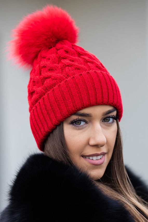  WOOL BEANIE HAT WITH GENUINE FOX FUR POM POM