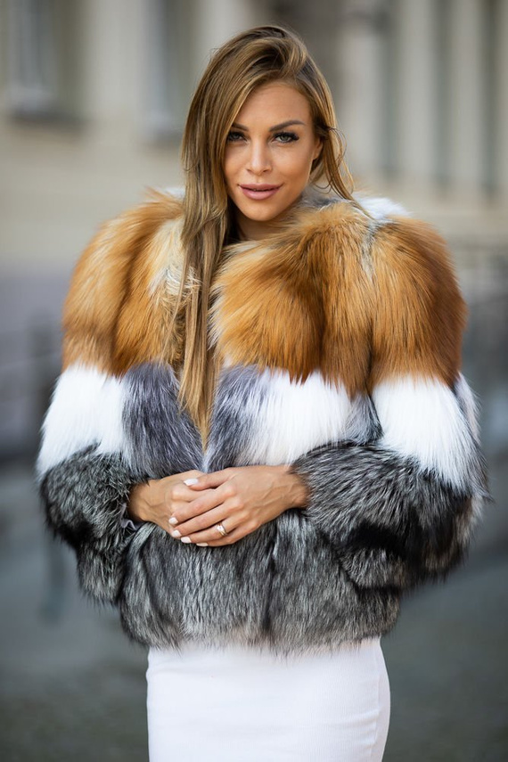 Genuine fox fur jacket in brown