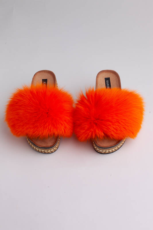 Top Fur Slides, Sandals with Pink and Beige Fur 