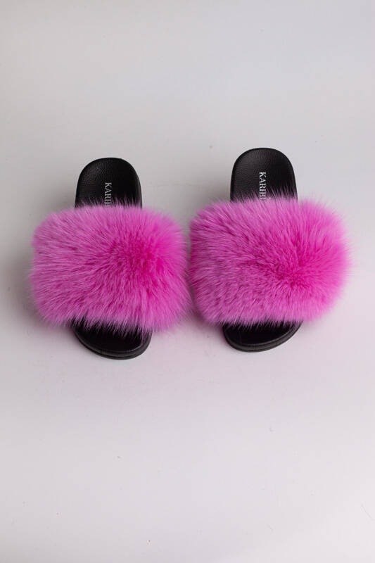 Women's Fur Slides, Sandals with Royal Blue Genuine Fur