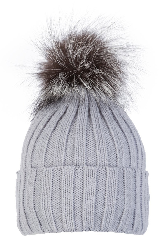 GREY FUR-TRIMMED WOOL BEANIE HAT 